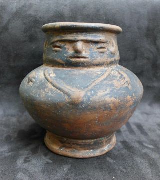 Rare Pottery Vessel With A Human Face And Necklace,  Tairona Cult.  Columbia