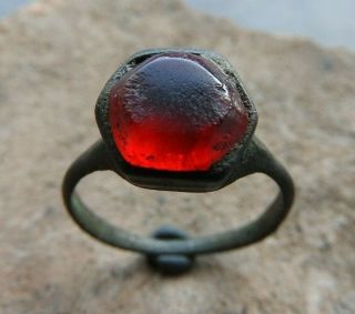 Authentic Medieval Crusaders Era Bronze Ring With Stone - 20 Mm (us 10.  5)