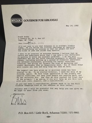 President Bill Clinton Auto/signed Letter As Governor Of Arkansas W/ Add Script