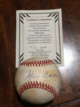 Vintage Hank Aaron Autograph Auto Baseball Signed Ball Braves Hof Scoreboard