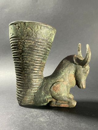 Large Ancient Persian Bronze Rhyton With Intact Horned Ram Head C.  400bce