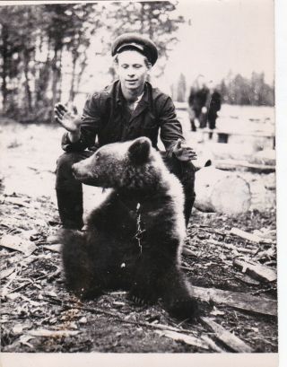 1960s Handsome Young Man W/ Teddy Bear Cub Unusual Odd Weird Old Russian Photo