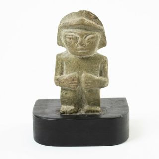 Mesoamerican Pre - Columbian Stone Figure Set On Wood Plinth 5 - 5/8 " W X 7 " Tall