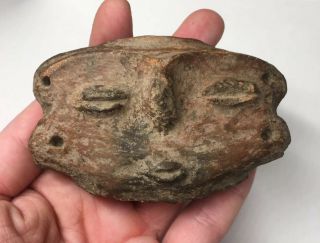 Rare Ancient Pre - Columbian Face Pendant - Four Holes - Unknown Culture Artifacts