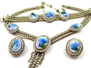 Vintage Hobe White Blue Art Glass Rhinestone Necklace Bracelet & Earrings Set