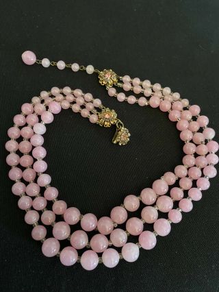 Rare Vintage Signed Miriam Haskell Pink Glass Triple Strand Adjustable Necklace