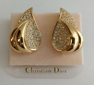 Christian Dior Vintage Nwt Gold Tone Crystal Clip - On Earrings