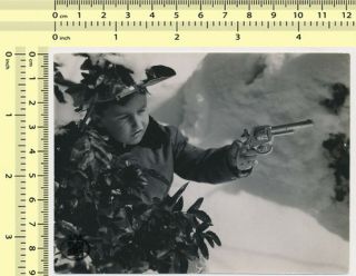 099 Cowboy Kid Boy With Toy Gun Revolver Portrait Vintage Photo Old