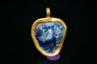 Extremely Ancient Roman Glass Rare Blue Color Gold Plated Pendant