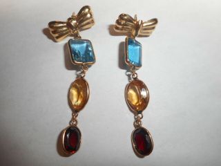 14k Gold 2 " Pierced Gemstone Earrings Blue Topaz Citrine Garnet Vintage