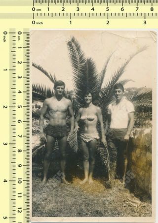 Shirtless Beefcake Man Trunks Bulge Woman Guy Beach Vintage Photo Old