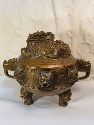 Antique Chinese Japanese Bronze Koro Incense Burner With Dragons.  Seal Marked