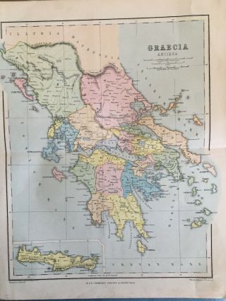 Greece,  Printed Coloured Map Of Ancient Greece.  Circa 1870