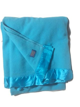 Vtg Pendleton Wool Blanket Blue Satin Ends Turquoise 74 " X82 "
