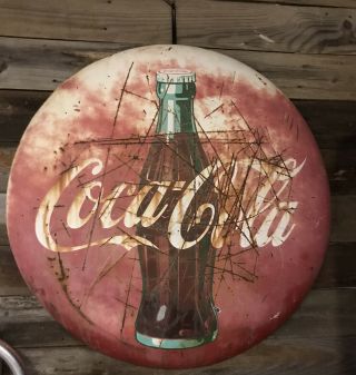 Vintage 1950s 36 " Coca Cola Red Disc Button Metal Advertising Sign