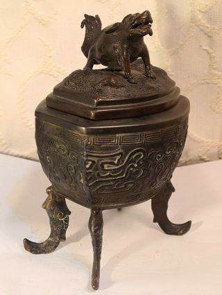 Antique 19th Chinese Japanese Bronze Koro Incense Burner W.  Foo Dog &fish Footed