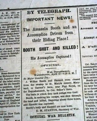 Actor John Wilkes Booth Abraham Lincoln Assassin Found & Killed 1865 Newspaper
