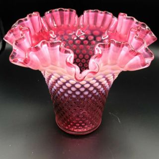 Vintage Fenton Art Glass Cranberry Opalescent Hobnail Ruffled Vase,  8 " Tall