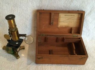 Vintage Brass Grossissement France Microscope And Slides