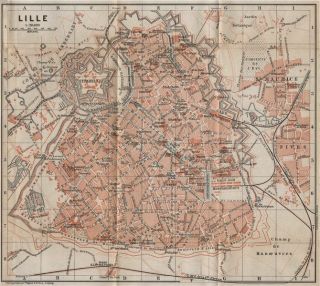 Lille Antique Town City Plan De La Ville.  Nord.  France Carte.  Baedeker 1905 Map