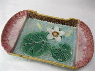 Majolica Water Lily Pad Basket Weave Dish Tray Platter Plate Vtg Old Antique