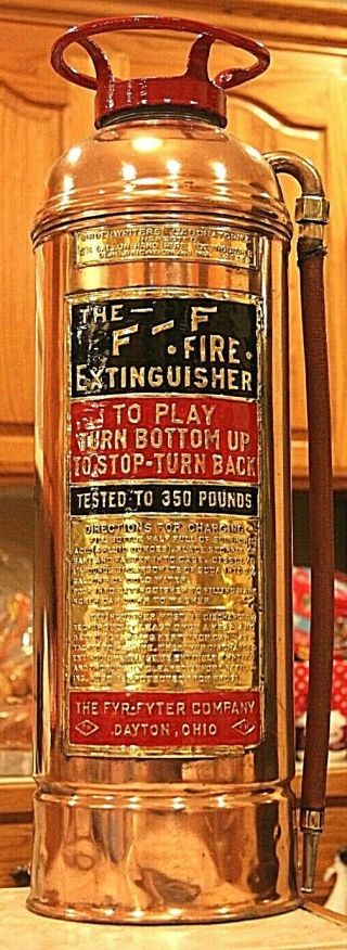 Very Rare Antique Vintage " F - F " Copper Brass Fire Extinguisher - Polished Restored