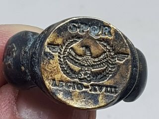 Extremely Rare Ancient Roman Bronze Seal Ring Legion Spqr.  18,  2 Gr.  21 Mm