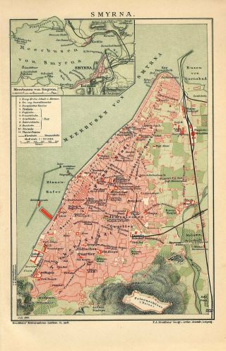 1909 Turkey Smyrna Izmir City Plan Antique Map Dated