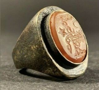 Ancient Roman Bronze Ring With Carnelian Intaglio Seal With Inscriptions C.  100ad