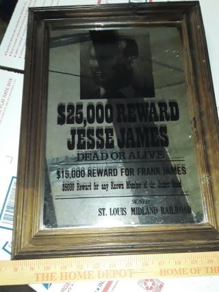 Rare Vintage Jesse James Wanted Wall Mirror Made In England (very Hard For Pics)