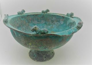 Museum Quality Ancient Luristan Bronze Chalice Cup Vessel With Rams On Top