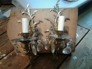 Vintage Ornate Cast Gilt Bronze Brass Crystal Lamps Wall Sconces French Stunning