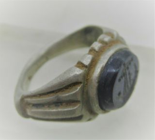 Rare Ancient Roman Military Silver Seal Ring With Intaglio Stone Galley Ship