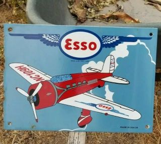 Rare Old Vintage 1958 Esso Aviation Porcelain Sign Oil Gas Airplane Standard