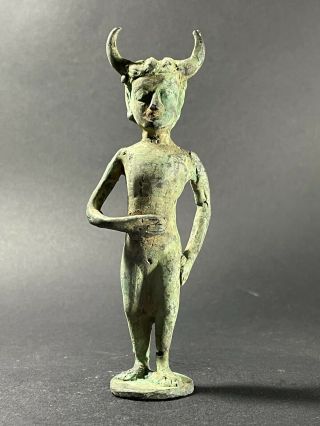 Very Rare Ancient Luristan Bronze Horned Devil Beast Statuette Ca 1000 Bce