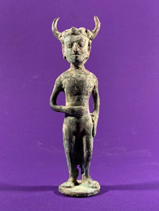Very Rare Ancient Luristan Bronze Horned Devil Deity Statuette Circa 1000 Bce