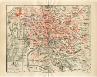 1888 Italy Rome Roma City Plan Antique Map Dated