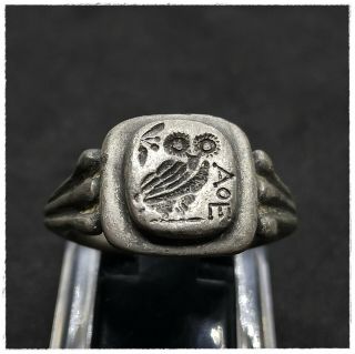 " Owl Of Athena " Ancient Silver Greek Ring Legionary 9,  87g