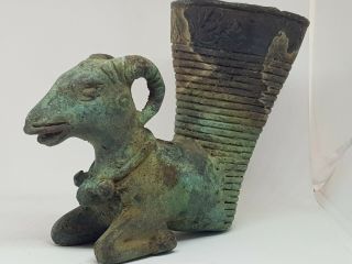 Ancient Near Eastern Bronze Rhyton Vessel With Ram Head 450 Gr 160 Mm