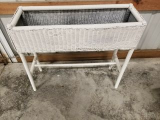 Vtg Antique White Wicker Wood Plant Stand Shabby Chic Lloyd Looms Product 1917