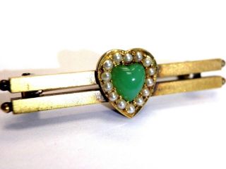 Adorable Antique Green Heart With Seed Pearls Solid 14k Gold Pin Brooch