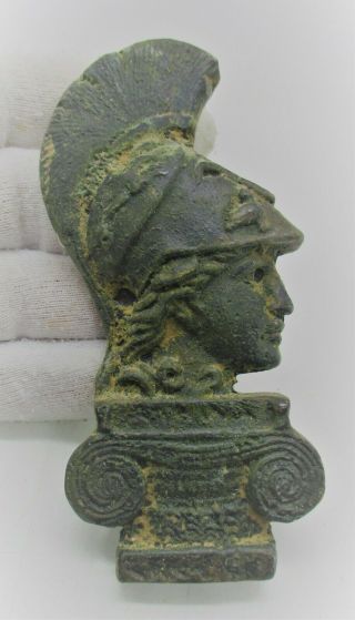 Ancient Roman Bronze Statuette Bust Of A Gladiator On Pillar Circa 200 - 300 Ad