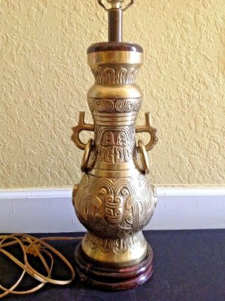 Vintage Large Chinese Style 12.  5 Lbs Solid Cast Bronze Table Lamp W/wooden Base