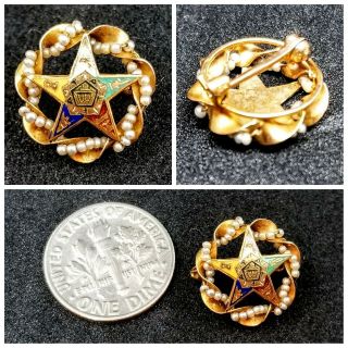 Estate Vintage Solid 14k Gold Eastern Star Masonic Enamel Seed Pearls Pin Brooch