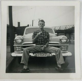 Old Car Handsome Young Man Smoking Cigarette Vintage Photo Snapshot 1950’s