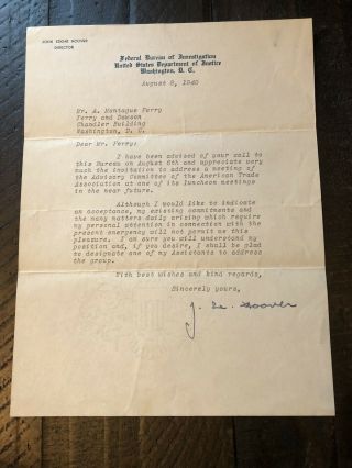 J Edgar Hoover Signed Autograph Letter 1940 Wwii Content