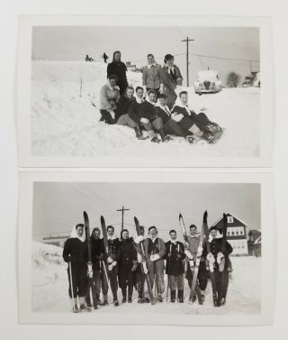 Vintage Snapshot Photographs Group Of Skiers Women Lined Up On Toboggan