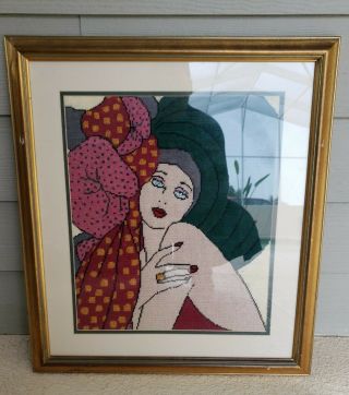 Vintage Handmade Needlepoint Cross Stitch Framed Art Nouveau Deco Woman Gorgeous