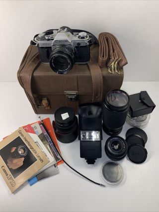 Vintage Canon Ae - 1 Slr Film Camera Black Fd 50mm 1:1.  4 Lens Complete W/ Flash