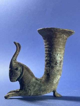 Circa 500 Bce Ancient Persian Bronze Fluted Rhyton - Ram Head With Large Horns